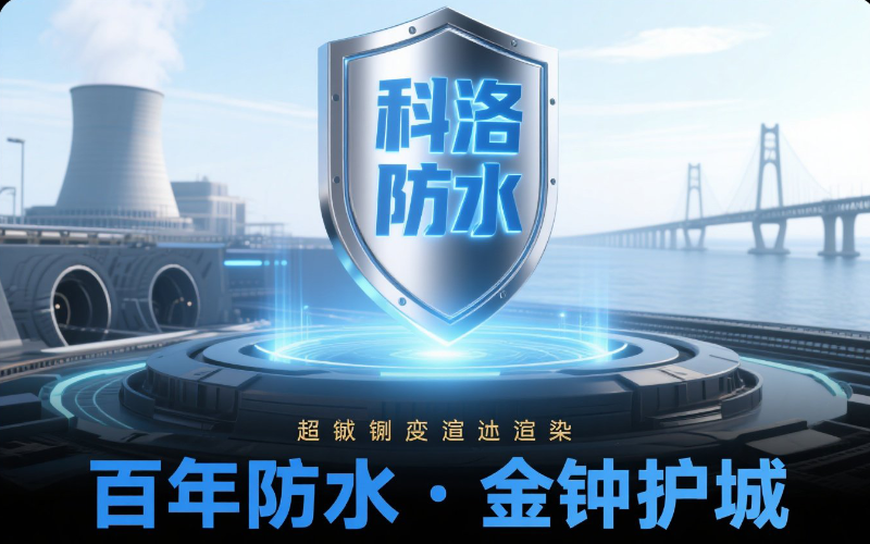 1百年防水 · 金鐘護城_ 金屬質感的盾形徽章科洛防水字樣懸浮于混凝土斷面之上，...